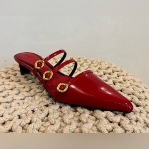 Red Leather Pointed-Toe Strappy Mule Heels — Women